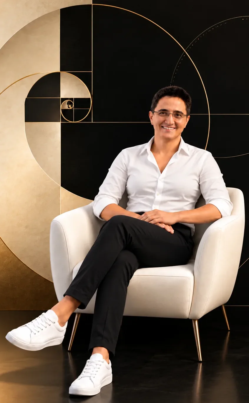 Sandra Jakovljević, brand identity and logo designer, seated in a white armchair in front of a black and gold golden-ratio wall