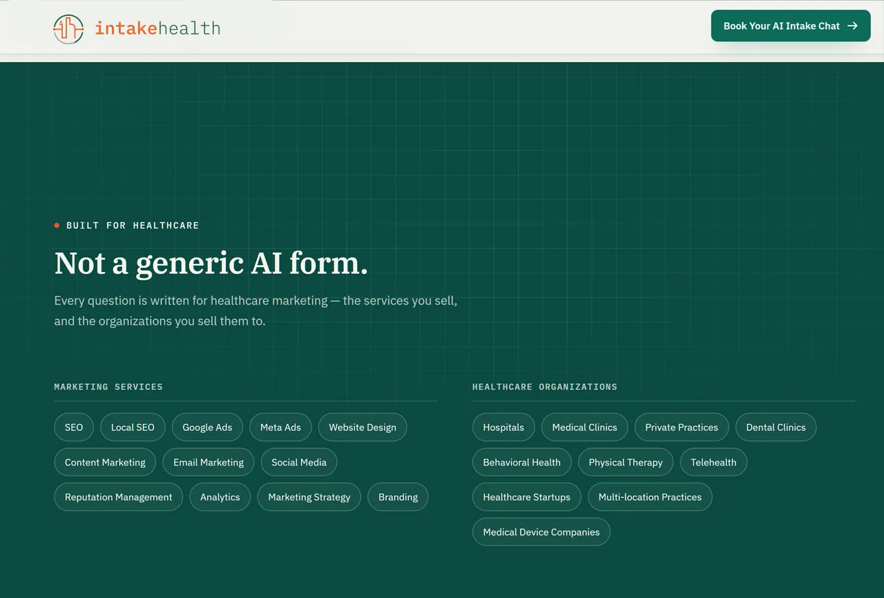 AI intake chat landing page in deep teal