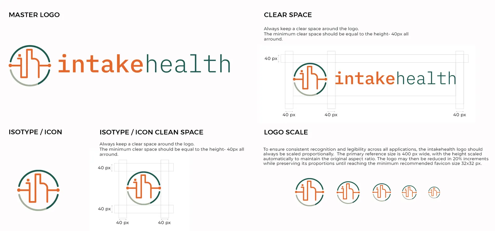 Intake Health master logo, isotype, clear space and scale