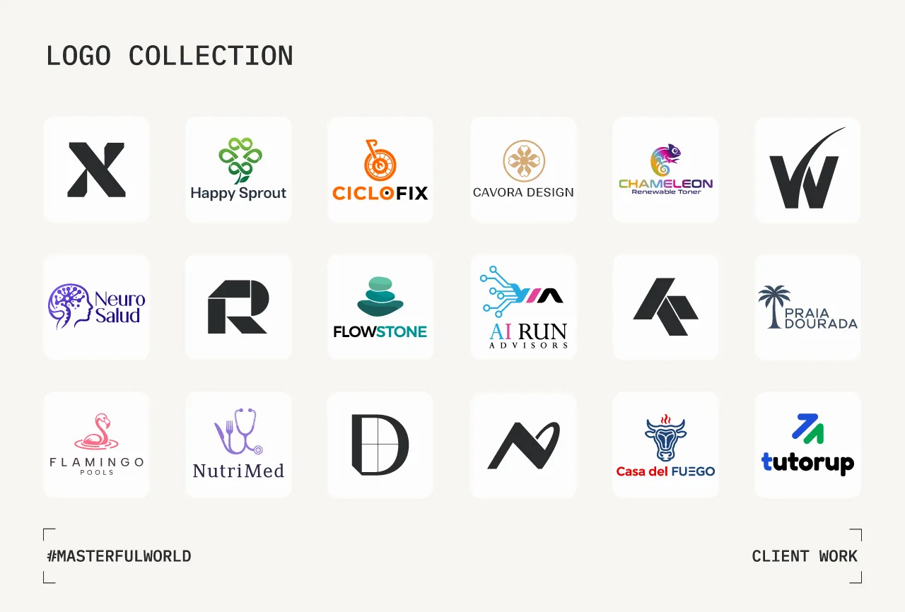 Eighteen colour logos and wordmarks