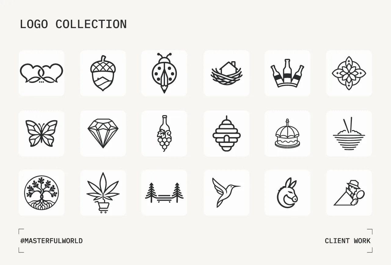 Eighteen single-colour line icons