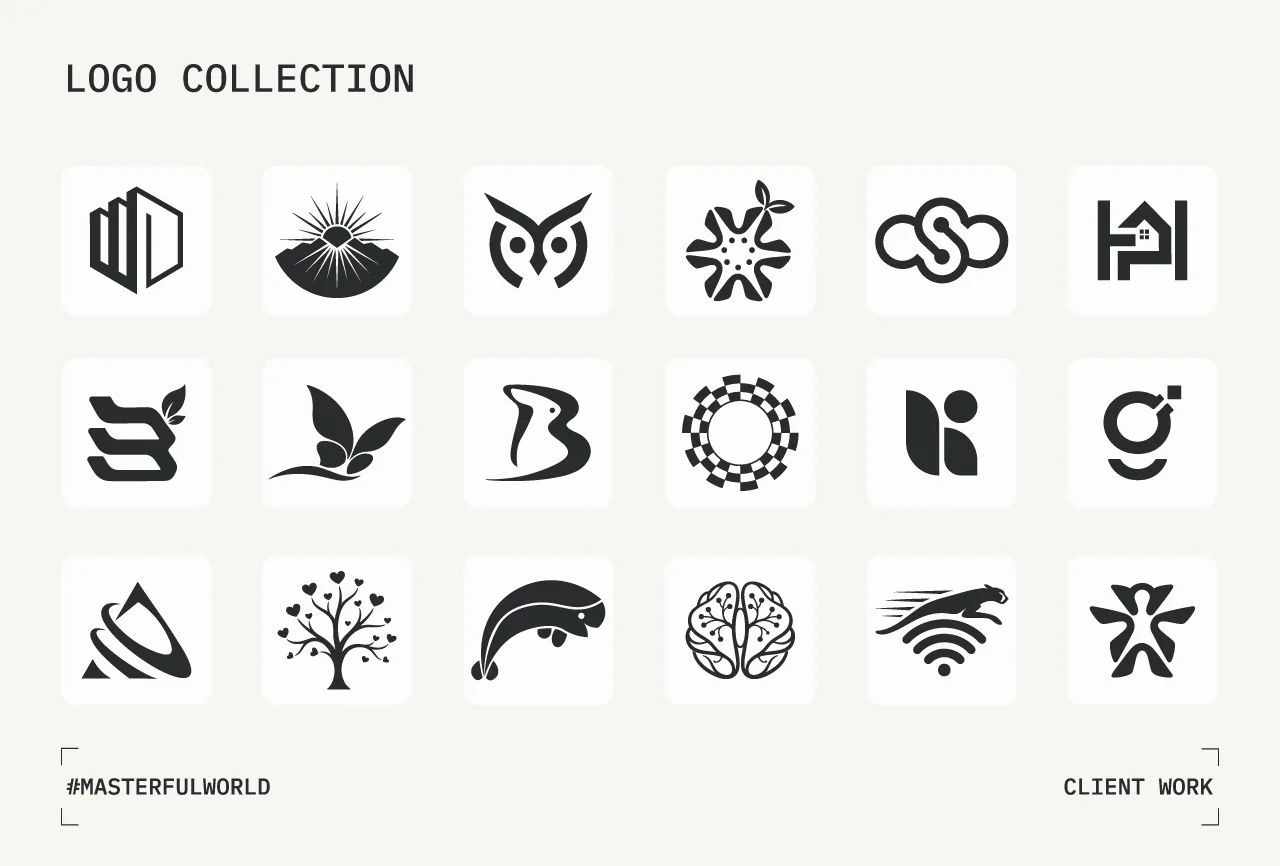 Eighteen single-colour logo symbols