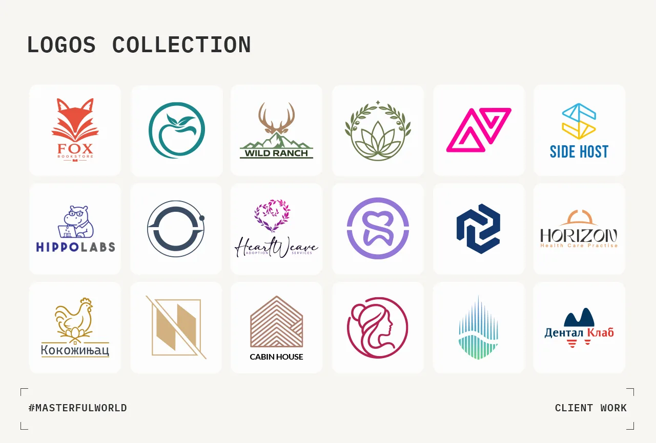 Eighteen colour logos for different brands
