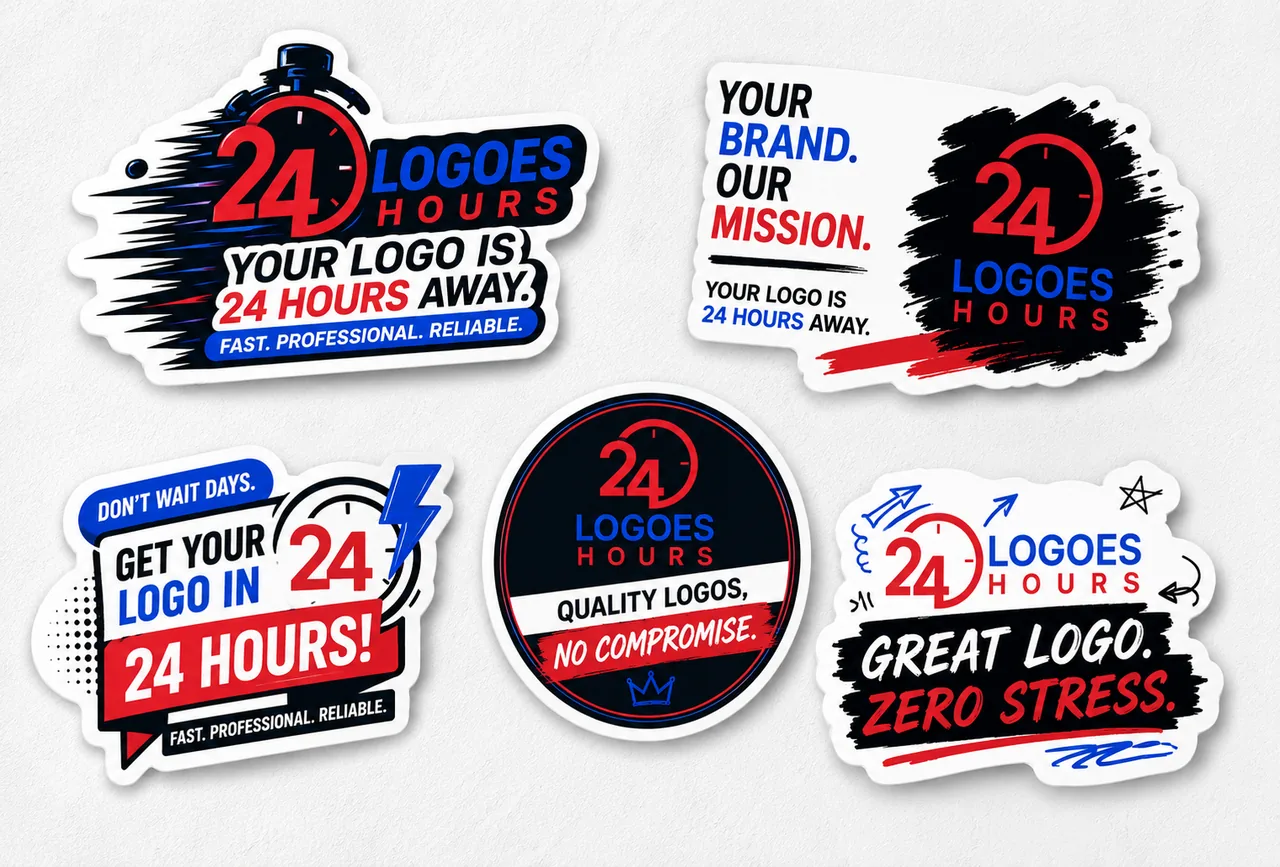 Five Logos24hours promotional stickers