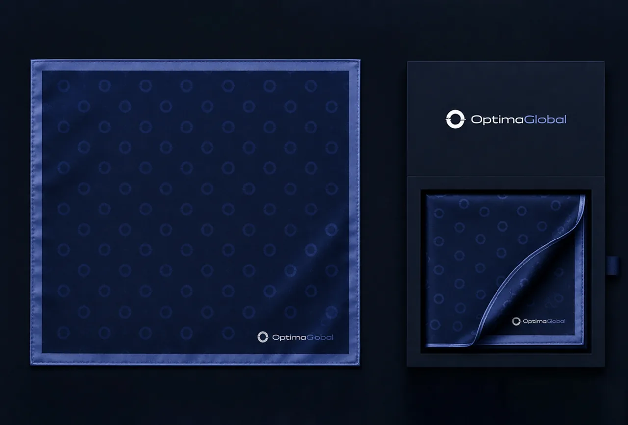 Navy silk pocket square with Optima Global circle pattern