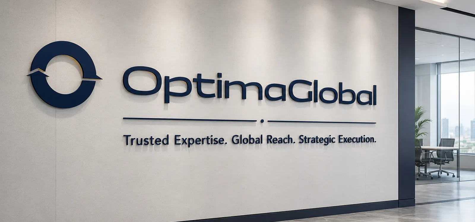 Optima Global wall sign in the building lobby